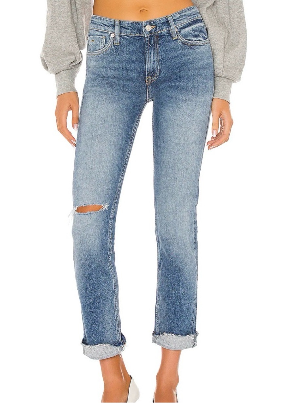 We the Free People 30 Cuffed Slim Boyfriend Jeans ~ Medium Wash Distressed